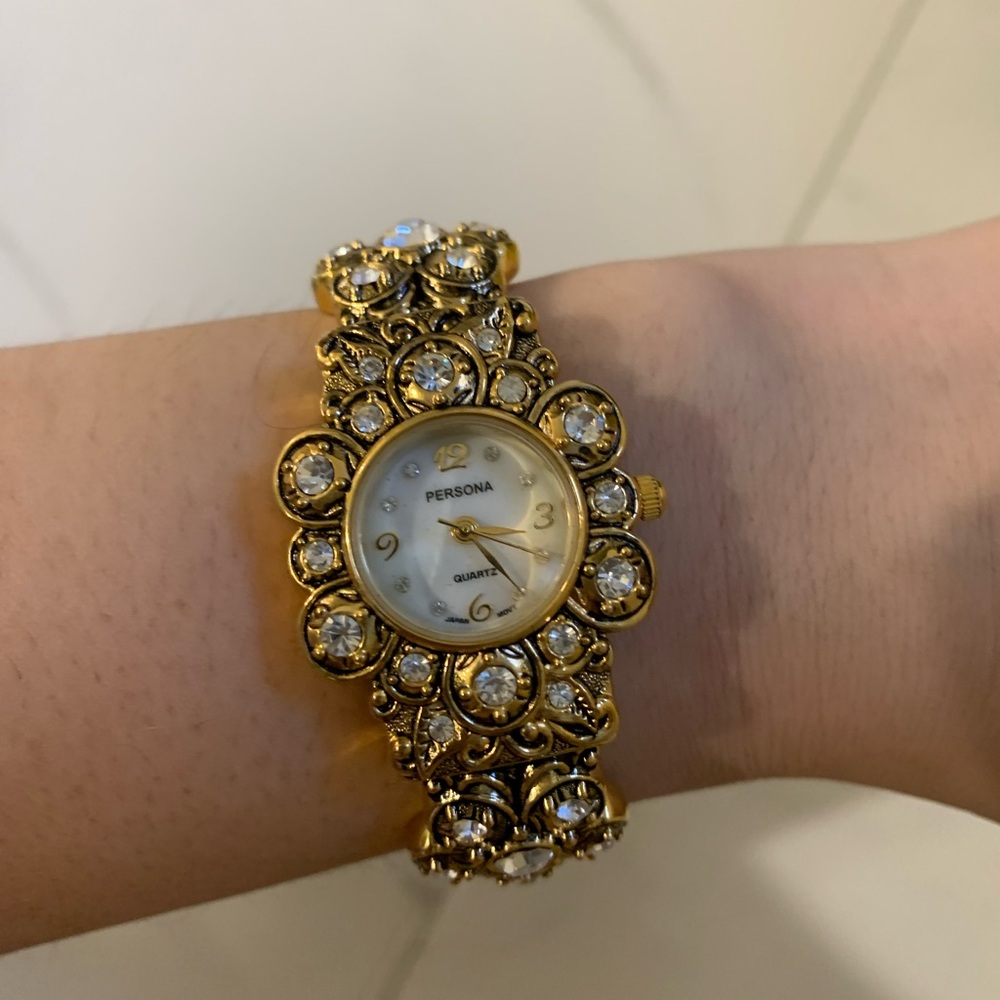 NEW Persona Floral Rhinestones Watch Cuff Ladies Gold Mother Of Pearl Face